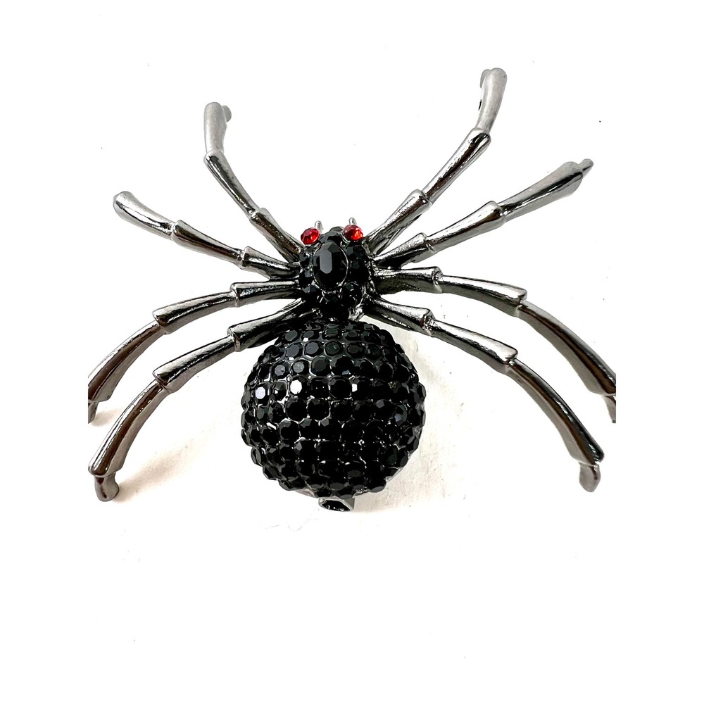 Gothic Black Rhinestone Spider Brooch Gunmetal Tone Red Eye Arachnid Pin